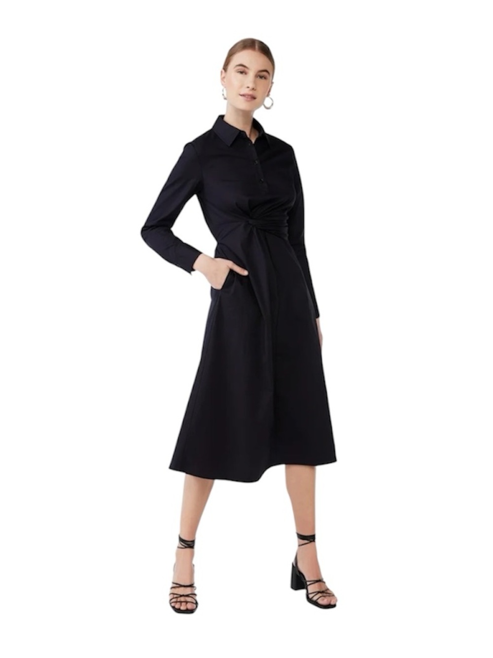 Scoop Women's Side Knot Poplin Midi Shirt Dress with Long Sleeves Size Medium